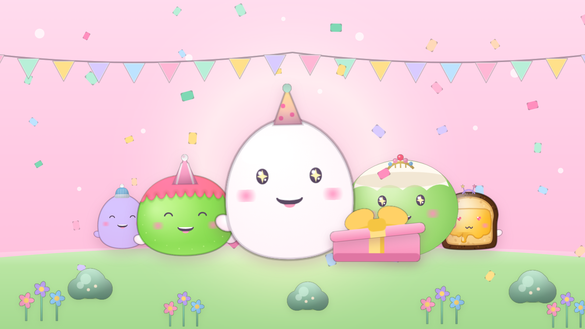 A group of Dumpling Pals celebrating with party hats, bunting and a present